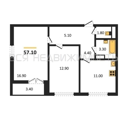 2-комнатная квартира, 57.1кв.м - изображение