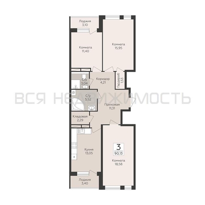 3-комнатная квартира, 90.13кв.м - изображение