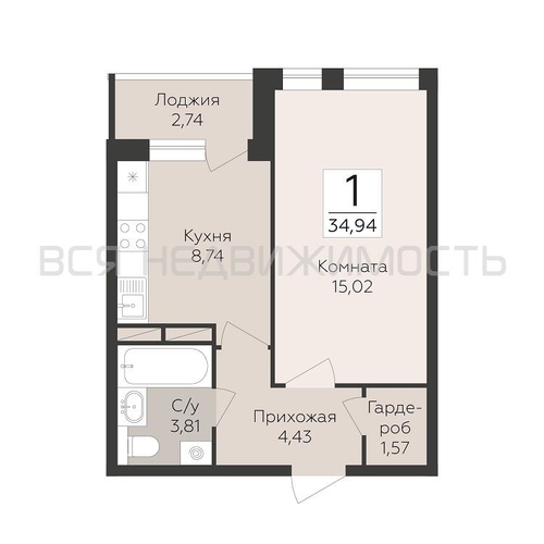 1-комнатная квартира, 34.94кв.м - изображение 0