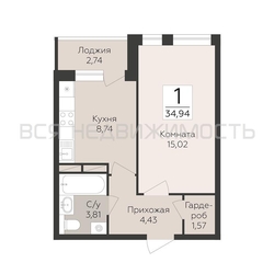 1-комнатная квартира, 34.94кв.м - изображение 1