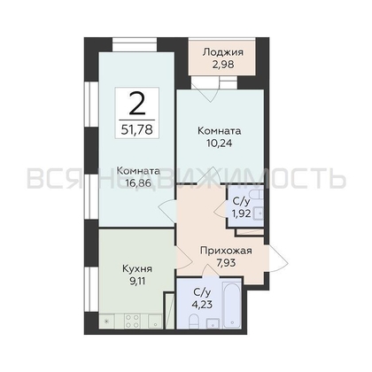 2-комнатная квартира, 51.78кв.м - изображение