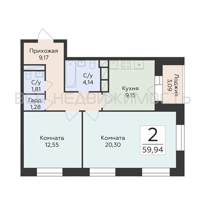 2-комнатная квартира, 59.94кв.м - изображение