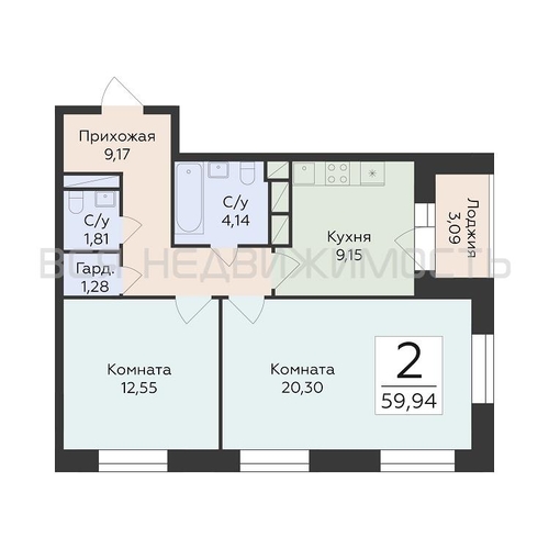 2-комнатная квартира, 59.94кв.м - изображение 0