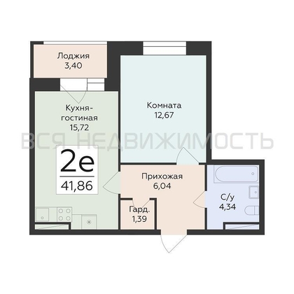 1-комнатная квартира, 41.86кв.м - изображение