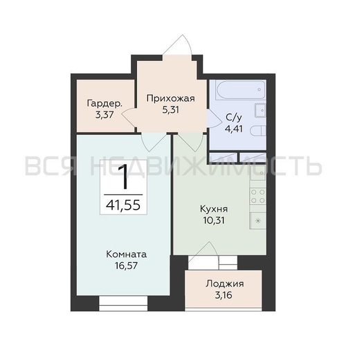 1-комнатная квартира, 41.55кв.м - изображение 0