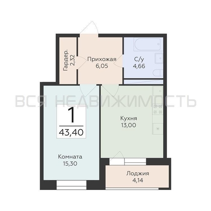 1-комнатная квартира, 43.4кв.м - изображение