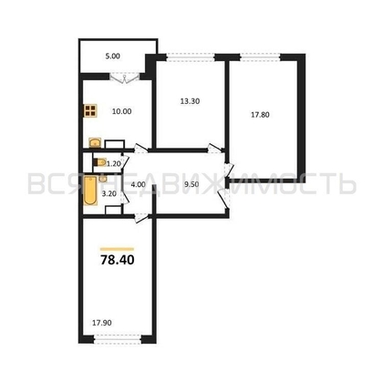 3-комнатная квартира, 78.4кв.м - изображение