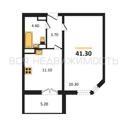 1-комнатная квартира, 41.3кв.м - изображение