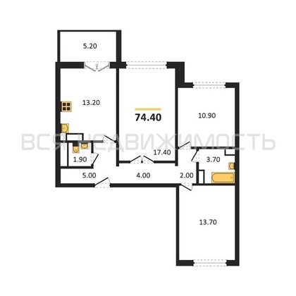 3-комнатная квартира, 74.4кв.м - изображение