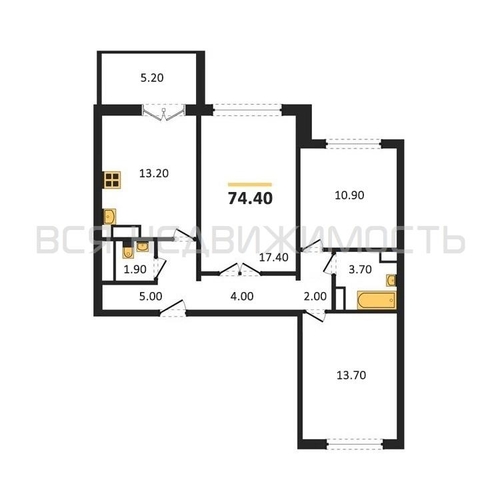 3-комнатная квартира, 74.4кв.м - изображение 0