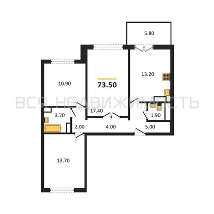 3-комнатная квартира, 73.5кв.м - изображение
