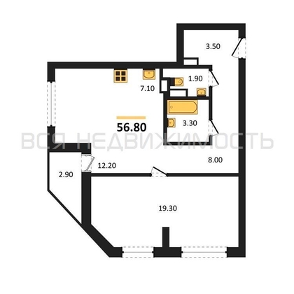 1-комнатная квартира, 56.8кв.м - изображение