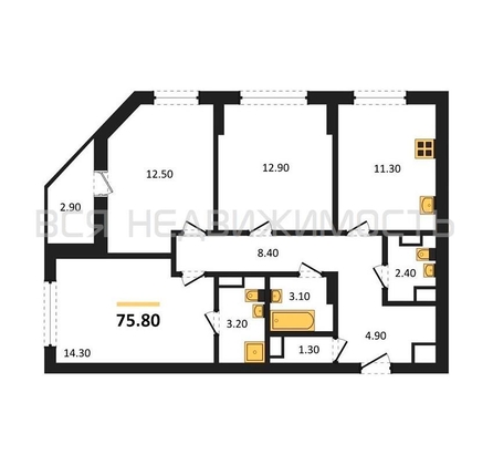 3-комнатная квартира, 75.8кв.м - изображение