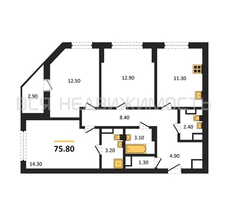 3-комнатная квартира, 75.8кв.м - изображение
