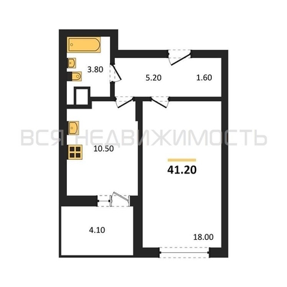 1-комнатная квартира, 41.2кв.м - изображение