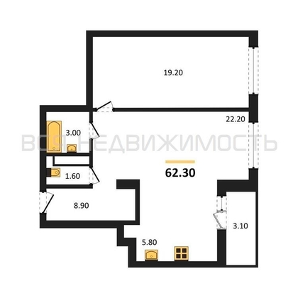 1-комнатная квартира, 62.3кв.м - изображение