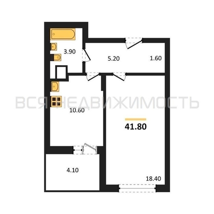 1-комнатная квартира, 41.8кв.м - изображение