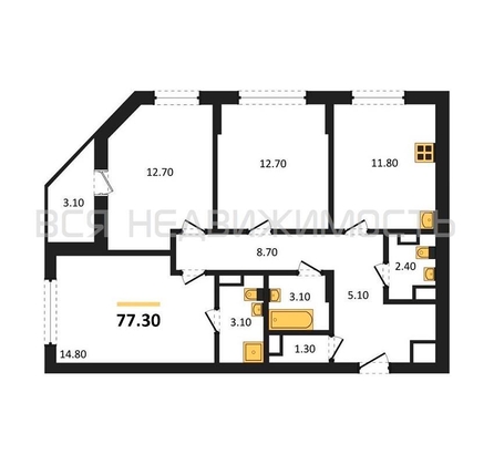 3-комнатная квартира, 77.3кв.м - изображение