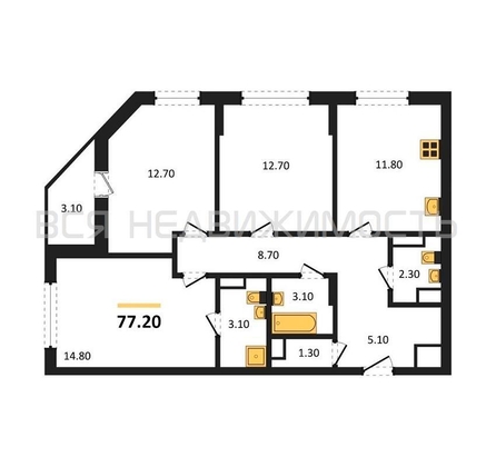 3-комнатная квартира, 77.2кв.м - изображение