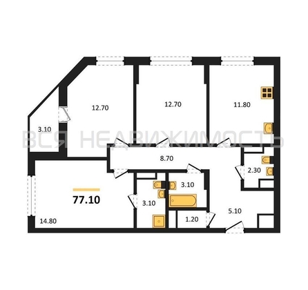 3-комнатная квартира, 77.1кв.м - изображение