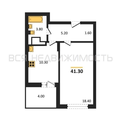 1-комнатная квартира, 41.3кв.м - изображение