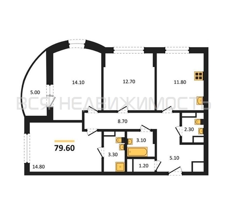 3-комнатная квартира, 79.6кв.м - изображение
