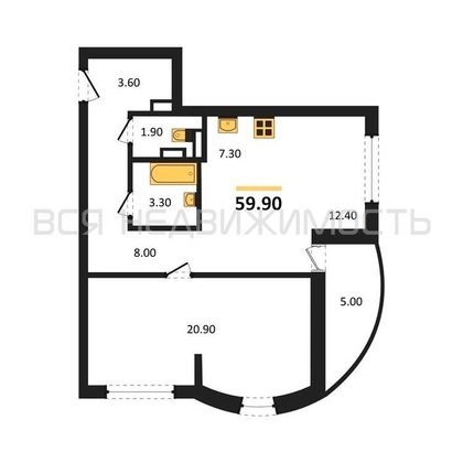 1-комнатная квартира, 59.9кв.м - изображение