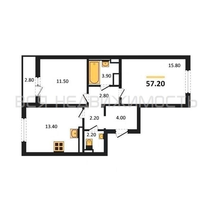 2-комнатная квартира, 57.2кв.м - изображение