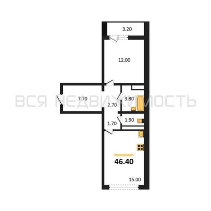 1-комнатная квартира, 46.4кв.м - изображение