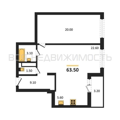1-комнатная квартира, 63.5кв.м - изображение