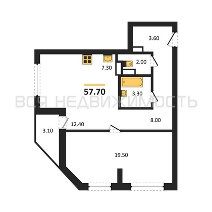 1-комнатная квартира, 57.7кв.м - изображение