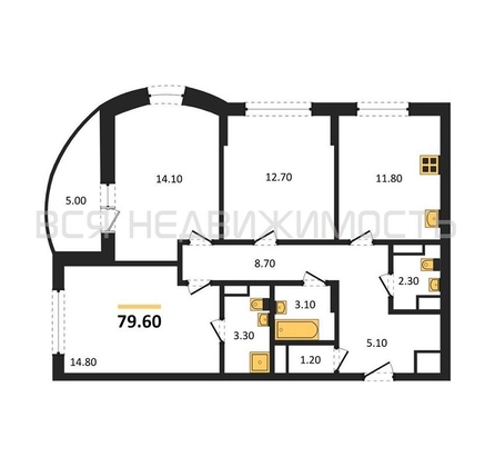 3-комнатная квартира, 79.6кв.м - изображение