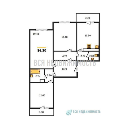3-комнатная квартира, 86.3кв.м - изображение