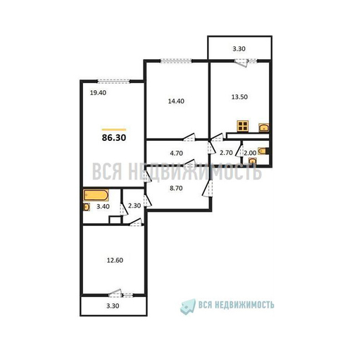 3-комнатная квартира, 86.3кв.м - изображение 0