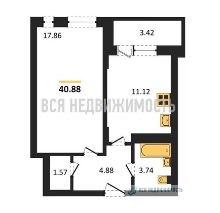 1-комнатная квартира, 40.88кв.м - изображение