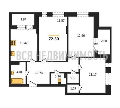 3-комнатная квартира, 72.5кв.м - изображение