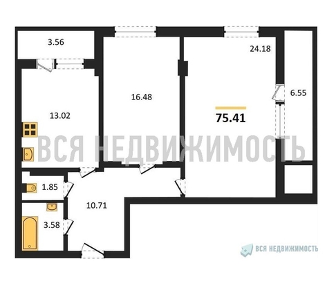 2-комнатная квартира, 75.41кв.м - изображение