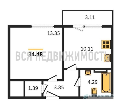 1-комнатная квартира, 34.48кв.м - изображение