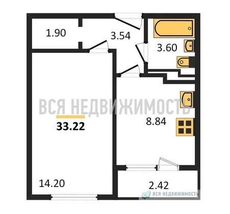 1-комнатная квартира, 33.22кв.м - изображение