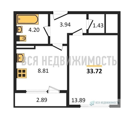 1-комнатная квартира, 33.72кв.м - изображение