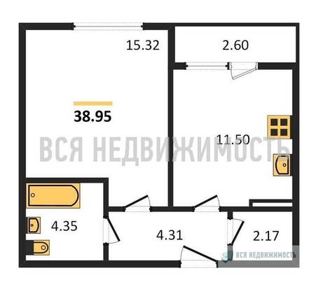 1-комнатная квартира, 38.95кв.м - изображение