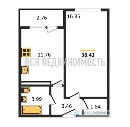 1-комнатная квартира, 38.41кв.м - изображение