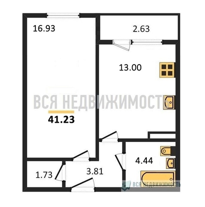 1-комнатная квартира, 41.23кв.м - изображение