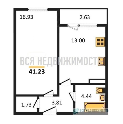 1-комнатная квартира, 41.23кв.м - изображение
