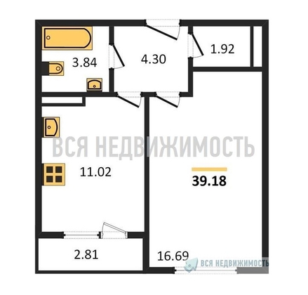1-комнатная квартира, 39.18кв.м - изображение