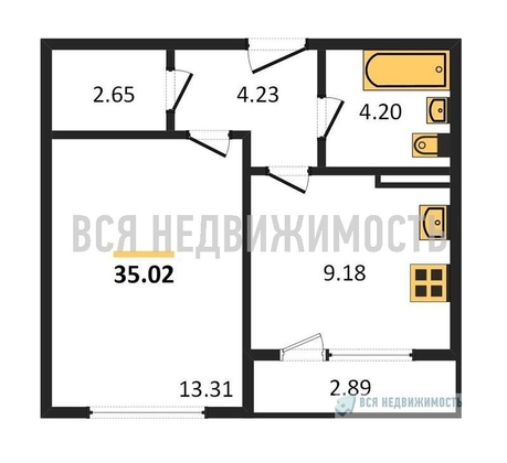 1-комнатная квартира, 35.02кв.м - изображение