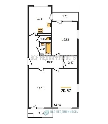 3-комнатная квартира, 70.67кв.м - изображение