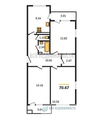 3-комнатная квартира, 70.67кв.м - изображение