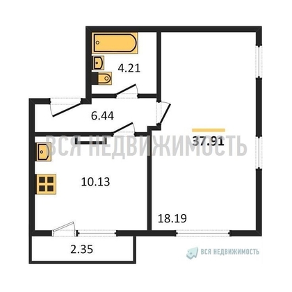 1-комнатная квартира, 37.91кв.м - изображение