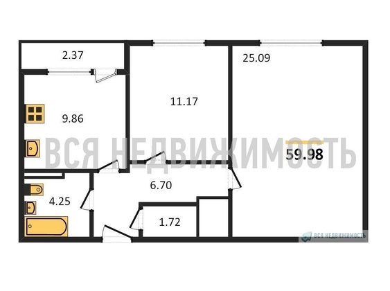 2-комнатная квартира, 59.98кв.м - изображение